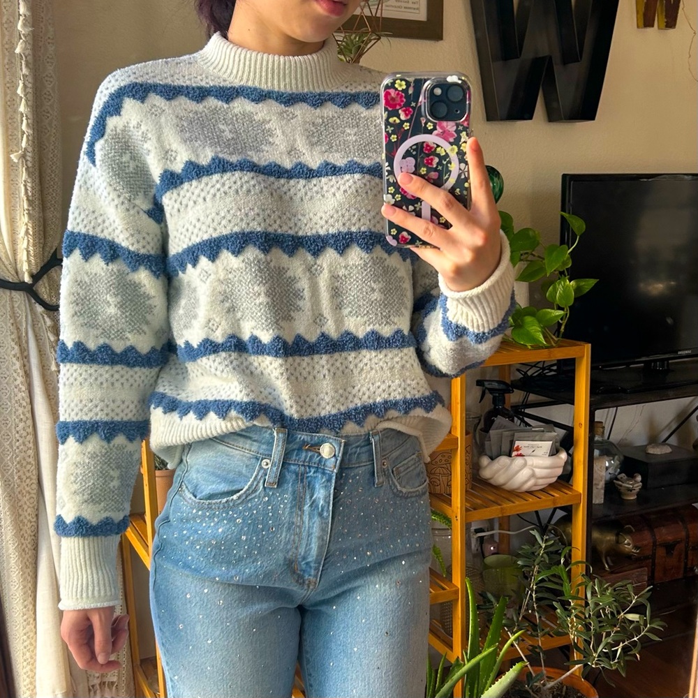 ANA blue and white mockneck sweater
